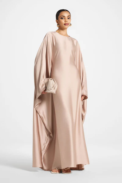 Elegant Butterfly Abaya Dress, Modest Satin Kaftan, Batwing Sleeve, Minimalist Muslim Gown