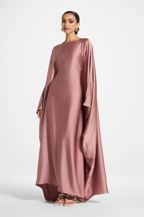 Elegant Butterfly Abaya Dress, Modest Satin Kaftan, Batwing Sleeve, Minimalist Muslim Gown