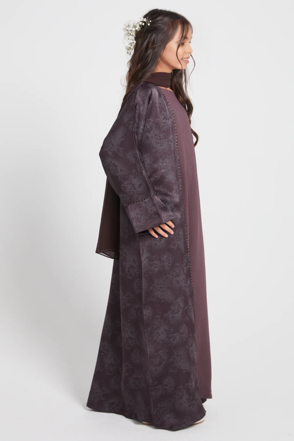Junior Girls Botanical Cocoa Noir Four Piece Abaya Set | Limited Edition Modest Islamic Wear for Kids