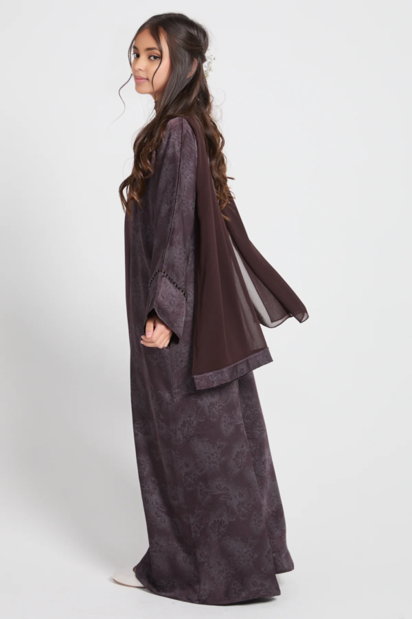 Junior Girls Botanical Cocoa Noir Four Piece Abaya Set | Limited Edition Modest Islamic Wear for Kids