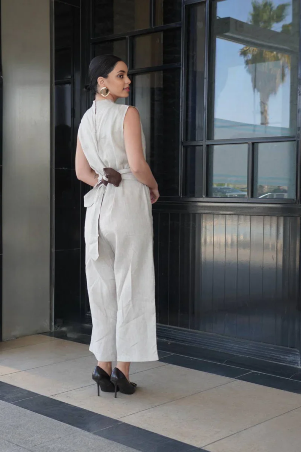 habonebutik Beige Linen Jumpsuit | Wide-Leg & Lace-Up Back | Premium Linen Wide-Leg Jumpsuit | Minimalist Summer Dress | Beach Wedding Guest Outfit