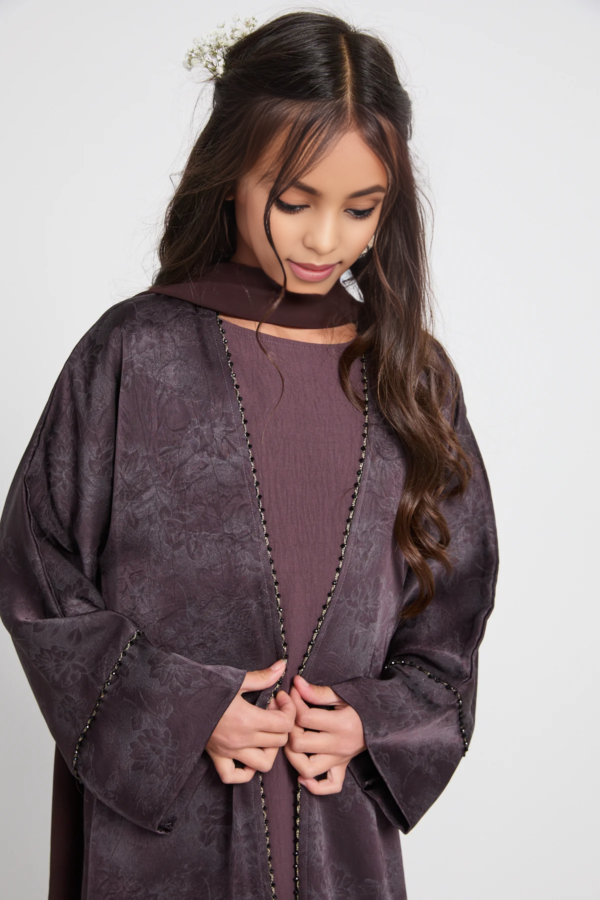 Junior Girls Botanical Cocoa Noir Four Piece Abaya Set | Limited Edition Modest Islamic Wear for Kids