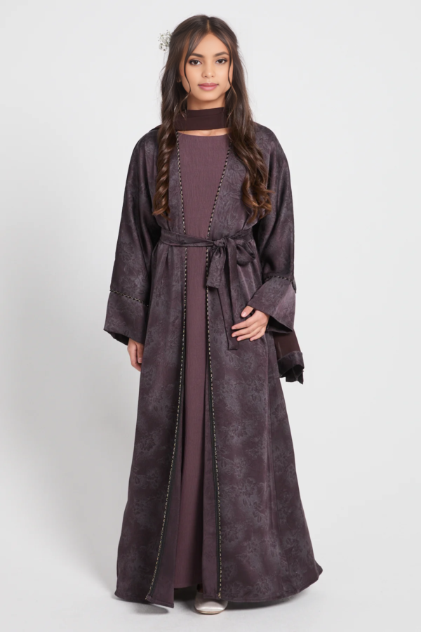 Junior Girls Botanical Cocoa Noir Four Piece Abaya Set | Limited Edition Modest Islamic Wear for Kids