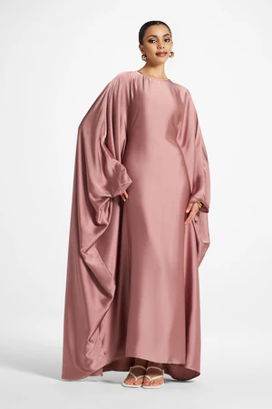 Elegant Butterfly Abaya Dress, Modest Satin Kaftan, Batwing Sleeve, Minimalist Muslim Gown
