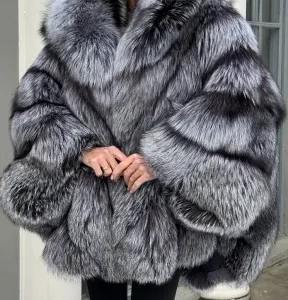 habonebutik Silver Fox Fur Poncho Coat | Luxurious Hooded Fur Stole | Statement Winter Wrap | Natural Fox Fur Outerwear