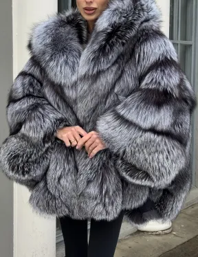 Silver Fox Fur Poncho Coat | Luxurious Hooded Fur Stole | Statement Winter Wrap | Natural Fox Fur Outerwear