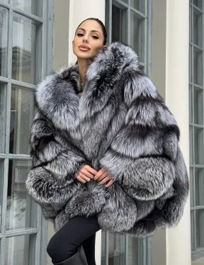 Silver Fox Fur Poncho Coat | Luxurious Hooded Fur Stole | Statement Winter Wrap | Natural Fox Fur Outerwear