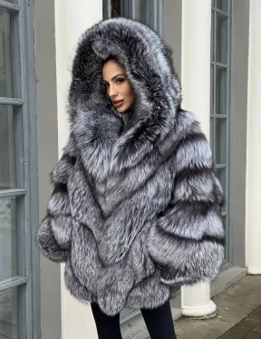 Silver Fox Fur Poncho Coat | Luxurious Hooded Fur Stole | Statement Winter Wrap | Natural Fox Fur Outerwear