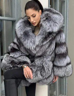 Silver Fox Fur Poncho Coat | Luxurious Hooded Fur Stole | Statement Winter Wrap | Natural Fox Fur Outerwear
