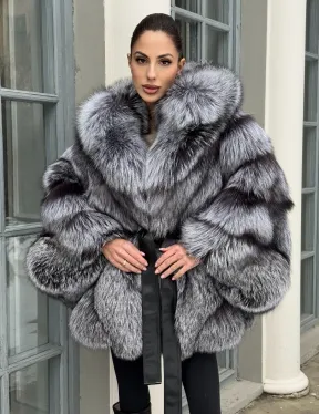 Silver Fox Fur Poncho Coat | Luxurious Hooded Fur Stole | Statement Winter Wrap | Natural Fox Fur Outerwear