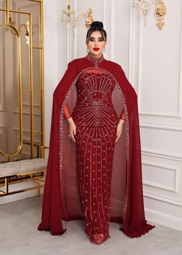 Two-Piece Navy Beaded Gown with Chiffon Cape – Elegant Formal Evening Dress