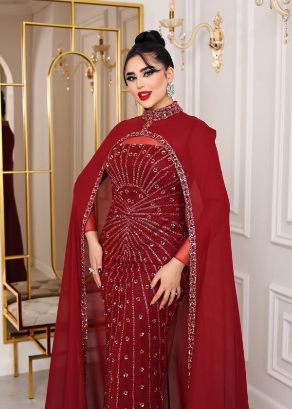 Two-Piece Navy Beaded Gown with Chiffon Cape – Elegant Formal Evening Dress