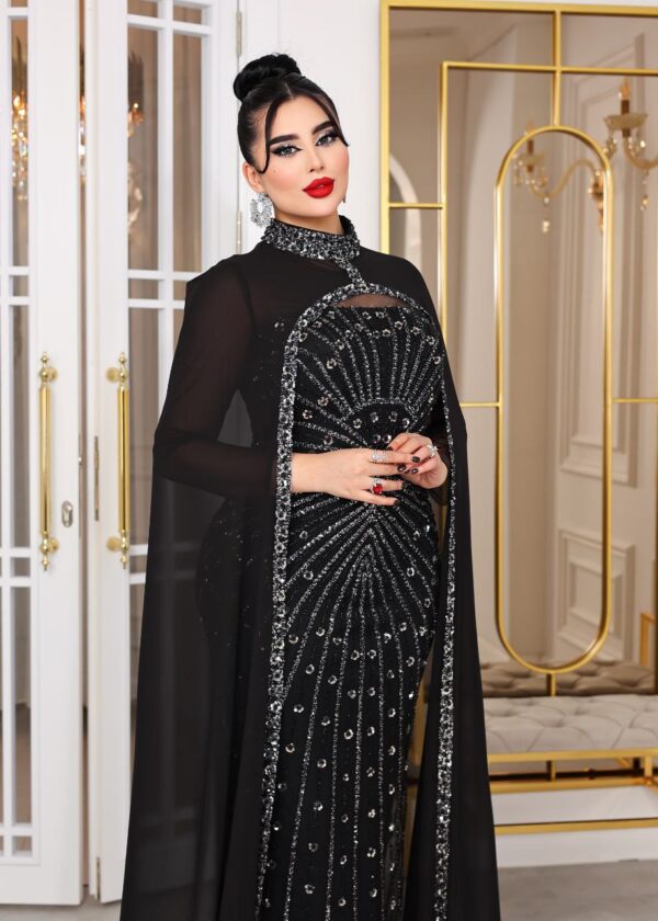 Two-Piece Navy Beaded Gown with Chiffon Cape – Elegant Formal Evening Dress