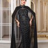 Two-Piece Navy Beaded Gown with Chiffon Cape – Elegant Formal Evening Dress
