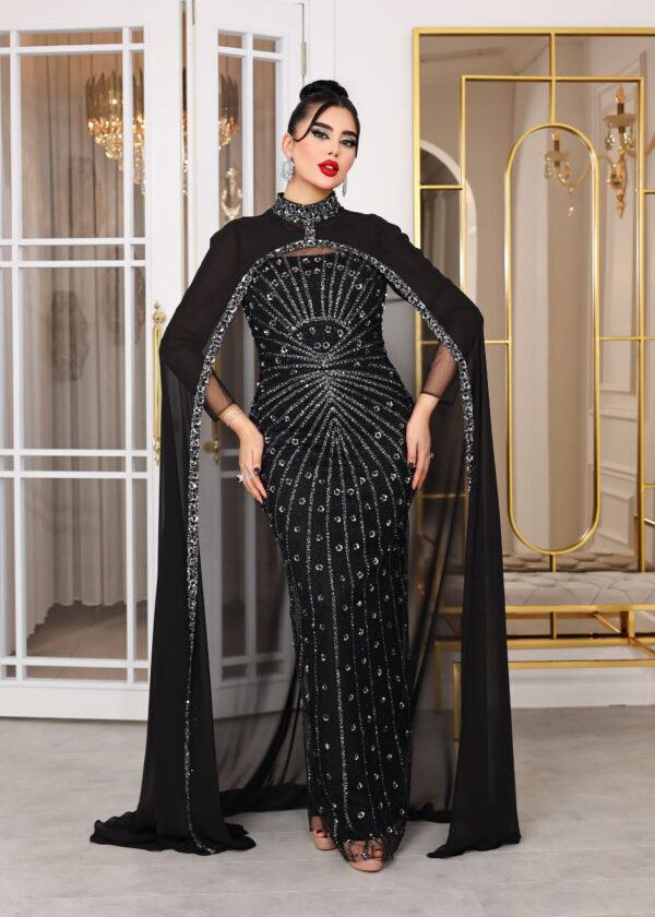 Two-Piece Navy Beaded Gown with Chiffon Cape – Elegant Formal Evening Dress