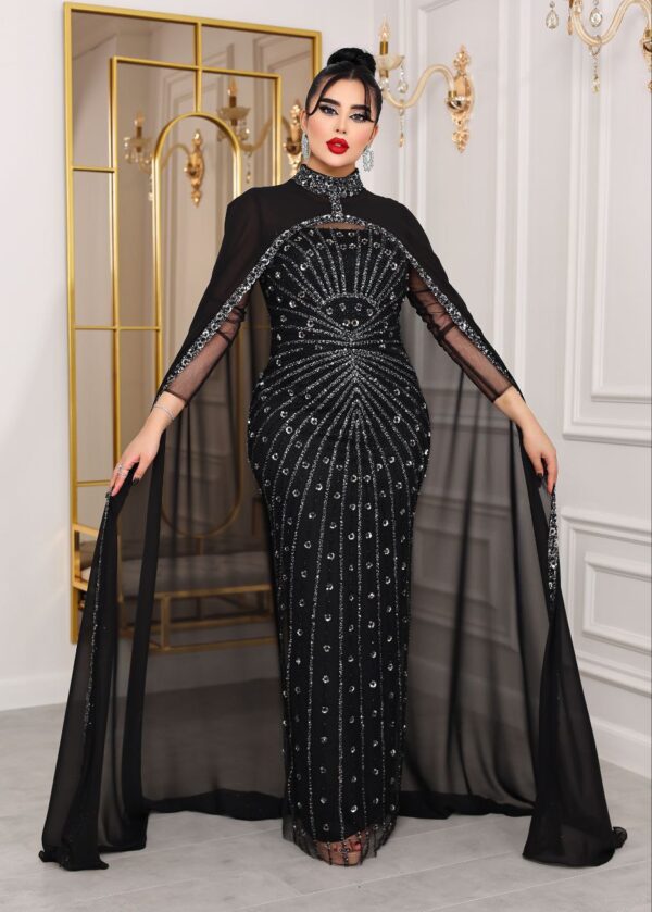 Two-Piece Navy Beaded Gown with Chiffon Cape – Elegant Formal Evening Dress