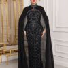 Two-Piece Navy Beaded Gown with Chiffon Cape – Elegant Formal Evening Dress