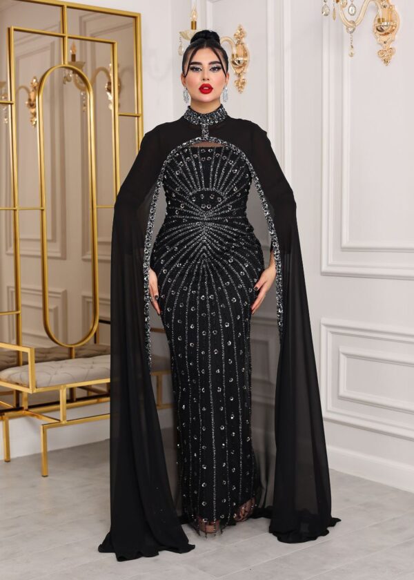 Two-Piece Navy Beaded Gown with Chiffon Cape – Elegant Formal Evening Dress