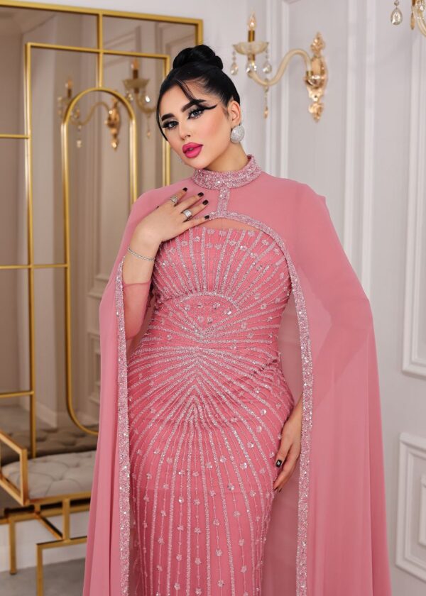 Two-Piece Navy Beaded Gown with Chiffon Cape – Elegant Formal Evening Dress