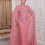 Two-Piece Navy Beaded Gown with Chiffon Cape – Elegant Formal Evening Dress