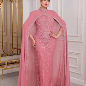 Two-Piece Navy Beaded Gown with Chiffon Cape – Elegant Formal Evening Dress