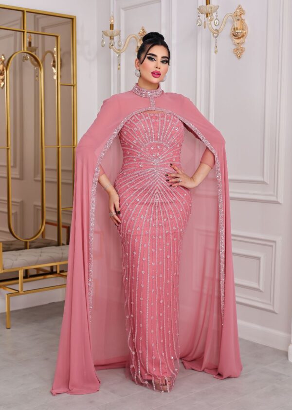 Two-Piece Navy Beaded Gown with Chiffon Cape – Elegant Formal Evening Dress