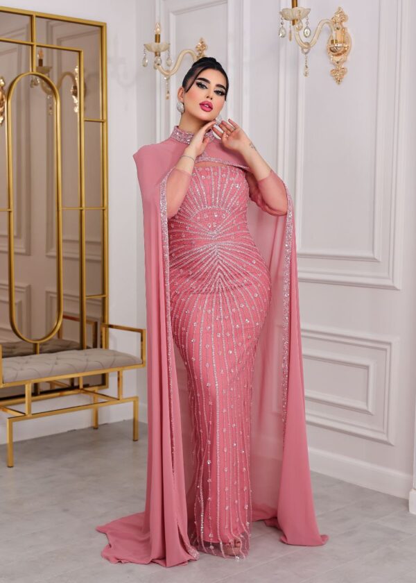 Two-Piece Navy Beaded Gown with Chiffon Cape – Elegant Formal Evening Dress