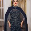 Two-Piece Navy Beaded Gown with Chiffon Cape – Elegant Formal Evening Dress