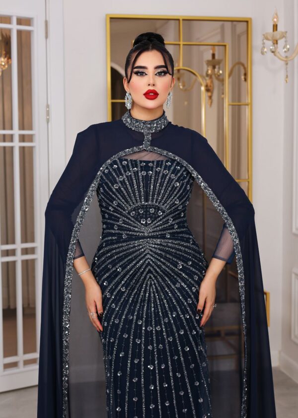 Two-Piece Navy Beaded Gown with Chiffon Cape – Elegant Formal Evening Dress