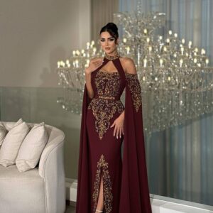 Mermaid Evening Gown with Cape, Couture Beaded Bodice, Formal Gala Dress