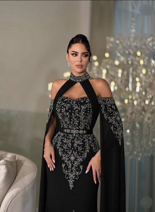 Mermaid Evening Gown with Cape, Couture Beaded Bodice, Formal Gala Dress