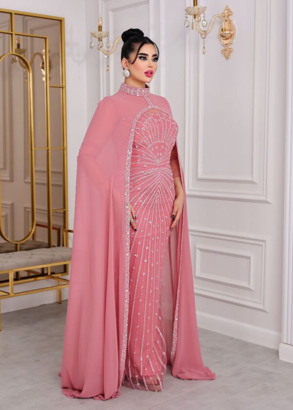 Two-Piece Navy Beaded Gown with Chiffon Cape – Elegant Formal Evening Dress