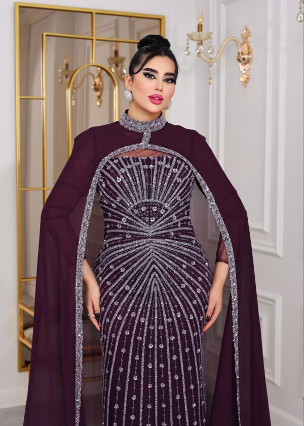 Two-Piece Navy Beaded Gown with Chiffon Cape – Elegant Formal Evening Dress