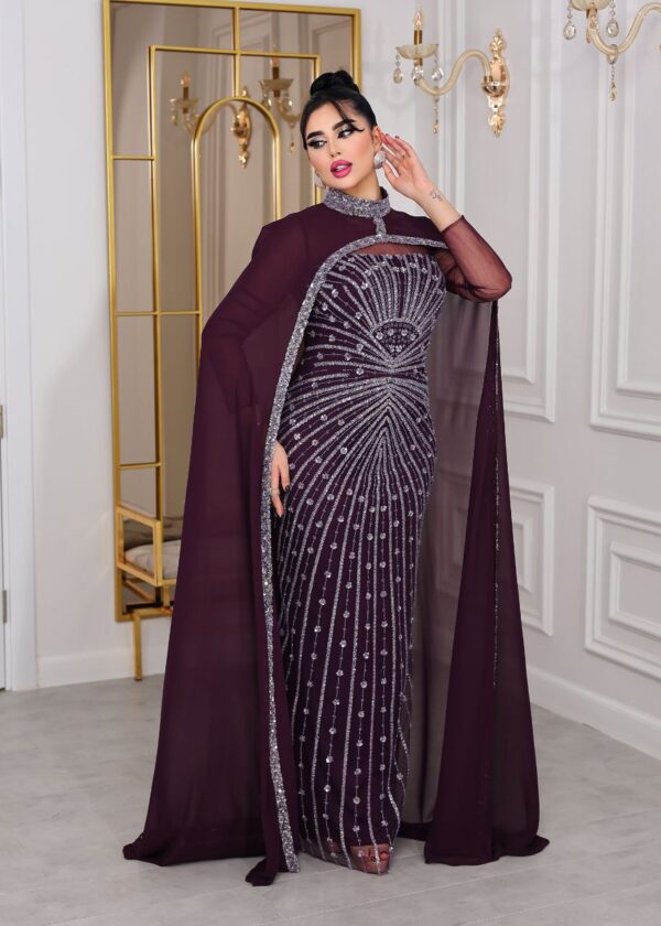 Two-Piece Navy Beaded Gown with Chiffon Cape – Elegant Formal Evening Dress