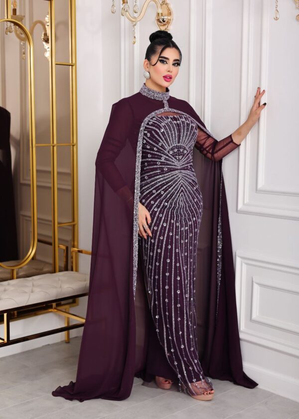 Two-Piece Navy Beaded Gown with Chiffon Cape – Elegant Formal Evening Dress