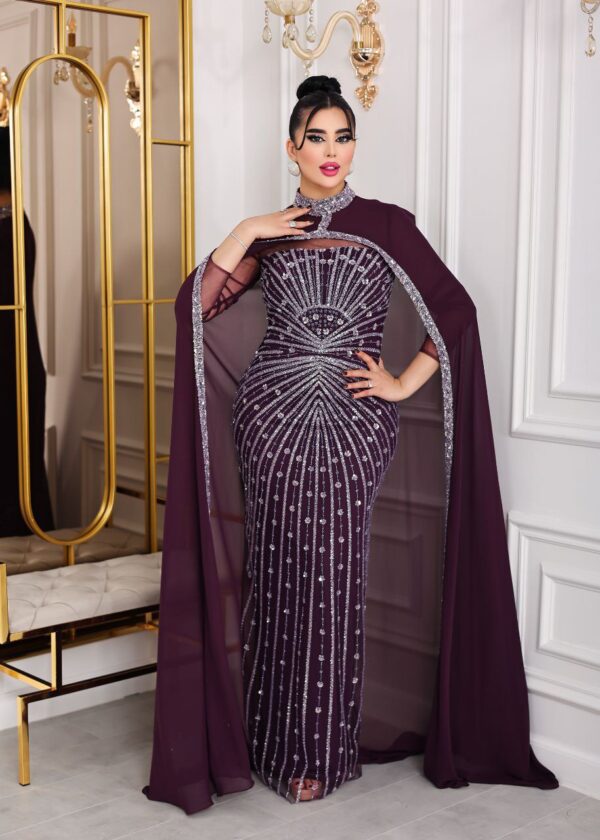 Two-Piece Navy Beaded Gown with Chiffon Cape – Elegant Formal Evening Dress