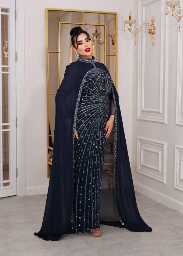 Two-Piece Navy Beaded Gown with Chiffon Cape – Elegant Formal Evening Dress