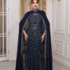 Two-Piece Navy Beaded Gown with Chiffon Cape – Elegant Formal Evening Dress