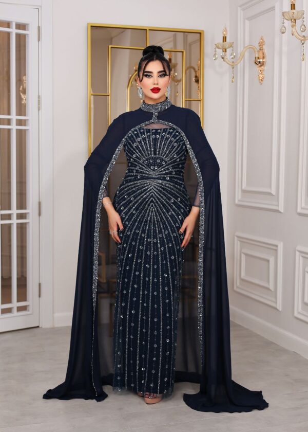Two-Piece Navy Beaded Gown with Chiffon Cape – Elegant Formal Evening Dress