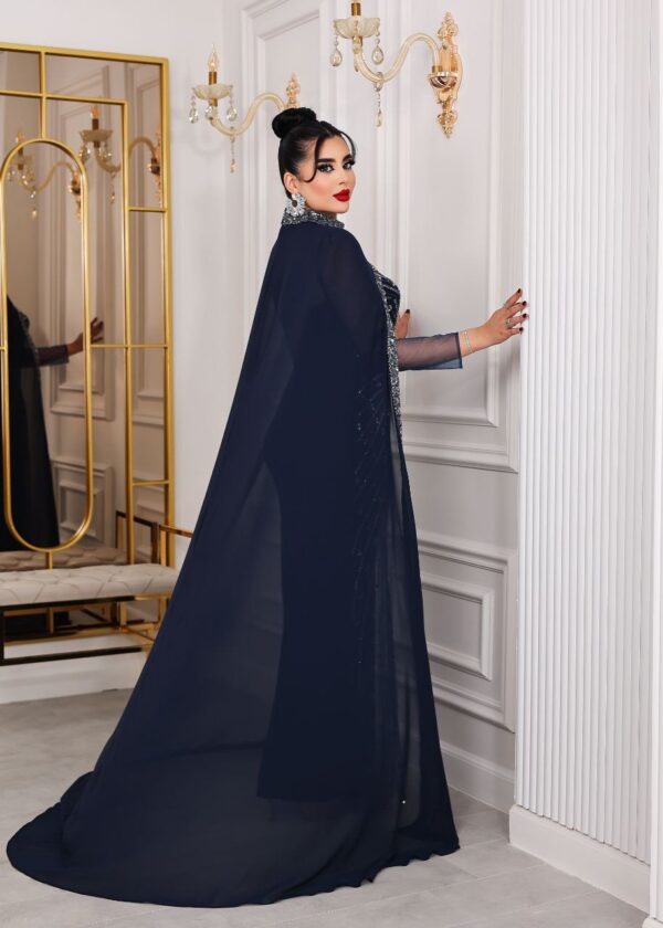 Two-Piece Navy Beaded Gown with Chiffon Cape – Elegant Formal Evening Dress