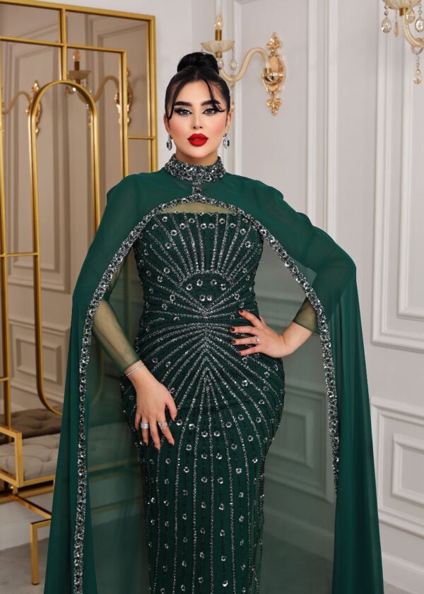 Two-Piece Navy Beaded Gown with Chiffon Cape – Elegant Formal Evening Dress