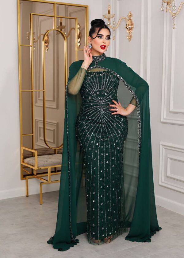 Two-Piece Navy Beaded Gown with Chiffon Cape – Elegant Formal Evening Dress