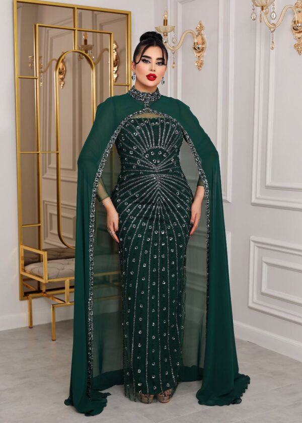 Two-Piece Navy Beaded Gown with Chiffon Cape – Elegant Formal Evening Dress