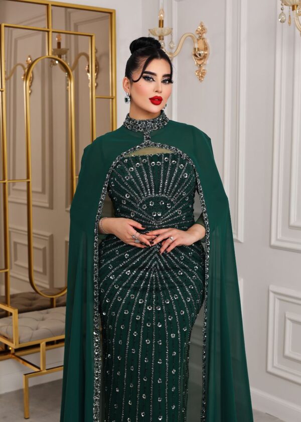 Two-Piece Navy Beaded Gown with Chiffon Cape – Elegant Formal Evening Dress