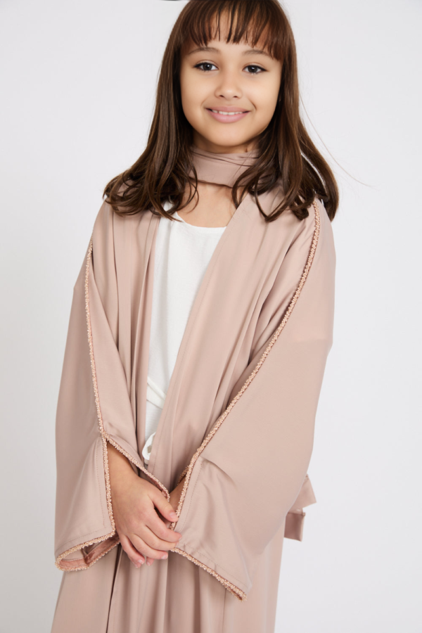 Junior Girls Four Piece Open Abaya Set | Nude Mink Abaya with Dainty Embroidery | Eid Outfit for Girls | Flower Girl & Special Occasion Dress