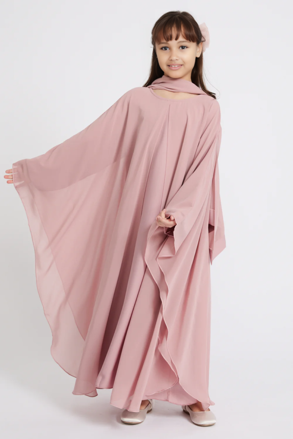 121e5c13-8545-407f-9756-8002c47b5f5b Junior Girls Closed Abaya Dress | Butterfly Cut Abaya in Blushing Rose | Eid Dress for Girls | Modest Party & Celebration Dress
