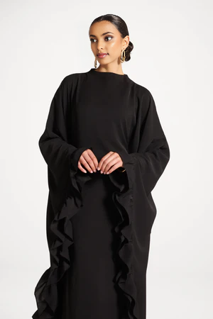 Ruffle Butterfly Abaya Dress | Tiered Maxi, Flutter Sleeve, Modest, Wedding Guest