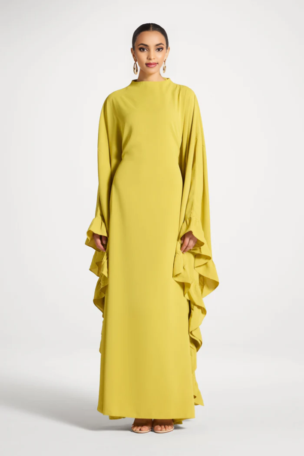 Ruffle Butterfly Abaya Dress | Tiered Maxi, Flutter Sleeve, Modest, Wedding Guest