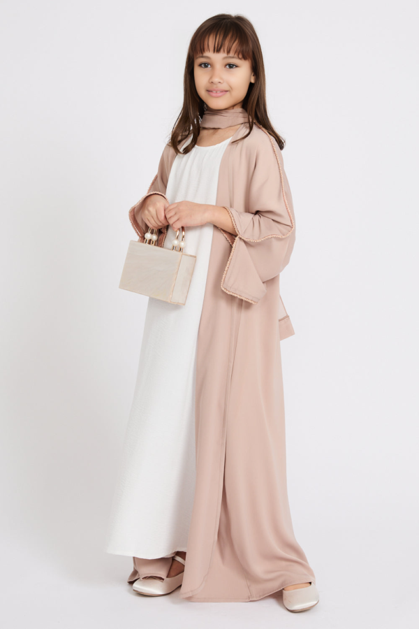Junior Girls Four Piece Open Abaya Set | Nude Mink Abaya with Dainty Embroidery | Eid Outfit for Girls | Flower Girl & Special Occasion Dress