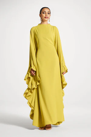 Ruffle Butterfly Abaya Dress | Tiered Maxi, Flutter Sleeve, Modest, Wedding Guest